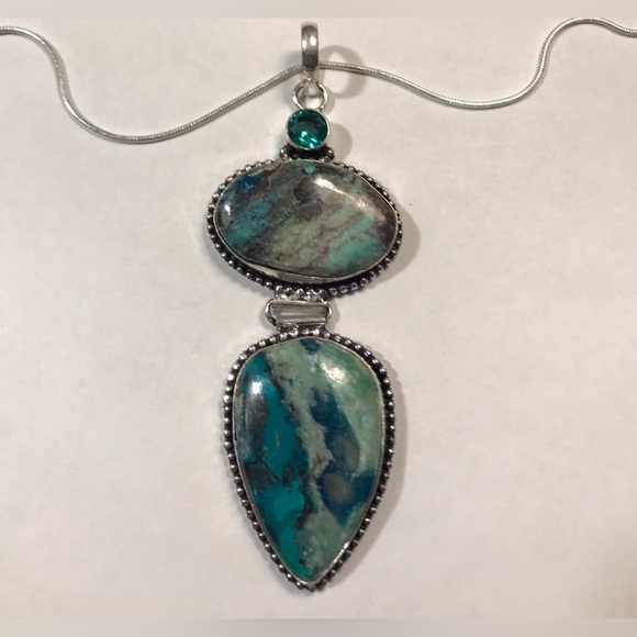 Aqua Apatite Chrysocolla 925 Sterling Silver Necklace - Picture 1 of 2